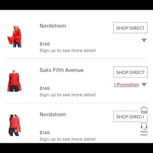 May include: Red long-sleeved tops with bell sleeves are displayed with the text "Nordstrom" and "Saks Fifth Avenue". The image includes the text "Shop Direct" and "Sign up to see more detail".