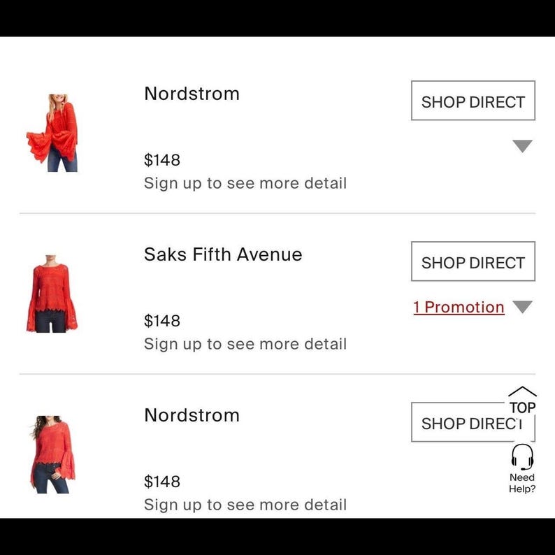 May include: Red long-sleeved tops with bell sleeves are displayed with the text "Nordstrom" and "Saks Fifth Avenue". The image includes the text "Shop Direct" and "Sign up to see more detail".