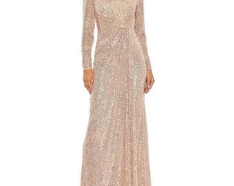 NWT-Mac Duggal Gold Sequined Long Sleeve Side Knot Gown Sz 12