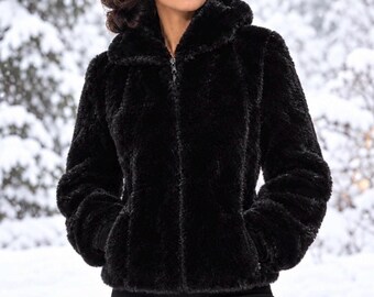 Outerlayers Vintage  Black Faux Mink Coat  with Hood