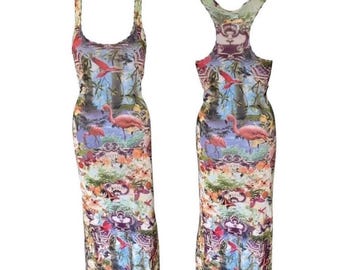 Jean Paul Gaultier Soleil Tropical Flamingo Mesh Maxi Dress,