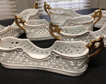 Vintage Porcelain Treasures White Silverware Holders with Gold Handles - Set of 5