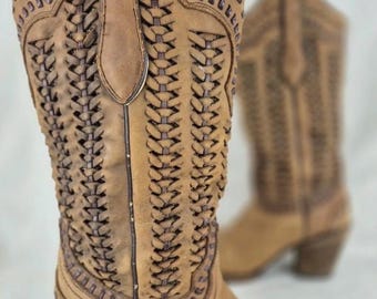Vintage Corral Golden Brown Cowgirl Western Woven Leather Boots Sz 7.5M