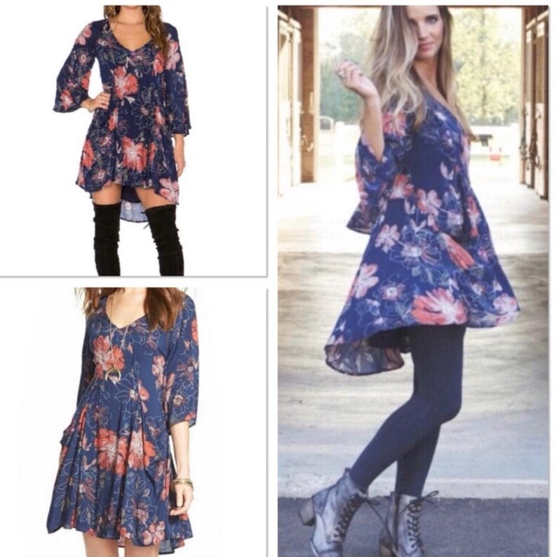 K&ouml;nnte beinhalten: Ein marineblaues Kleid mit rosa und wei&szlig;en Blumenmuster. Das Kleid hat einen V-Ausschnitt und ausgestellte &Auml;rmel. Der Saum ist asymmetrisch. Das Kleid ist knielang. Geeignet f&uuml;r verschiedene Anl&auml;sse.