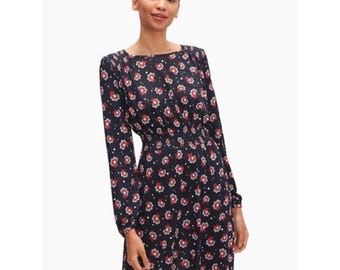 Kate Spade Navy Floral Seaside Blooms Long Sleeve Dress Sz XL