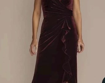 Oleg Cassini Wine Velvet Off-Shoulder Sheath Dress w/ Ruffle Polyester Spandex