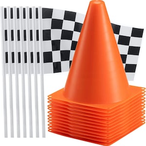 May include: A set of bright orange traffic cones stacked together, accompanied by a collection of black and white checkered flags attached to thin white plastic poles. The cones feature a square base and a smooth, conical top section for visibility.