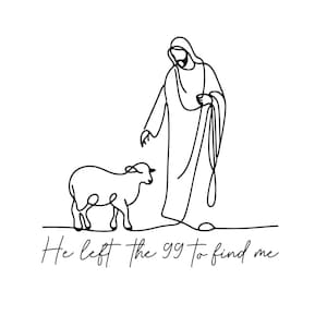 Op de afbeelding: Een minimalistische lijntekening in zwart op een witte achtergrond. De afbeelding toont een figuur in vloeiende gewaden die naar een lam reikt. De tekst "He left the 99 to find me" staat eronder.