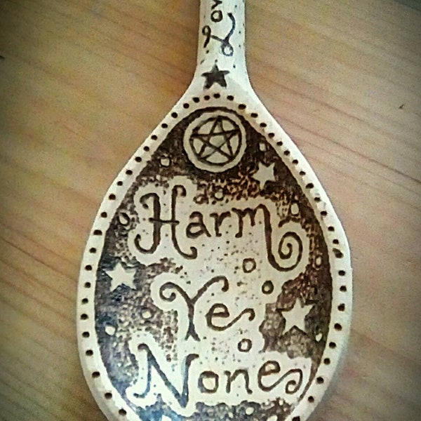 Pyrography Art Decorated Pagan Wiccan Wooden Spoon "Harm Ye None"