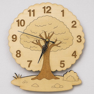 May include: Wooden tree-shaped wall clock. The clock has a light brown finish and features a tree design with a trunk, branches, and a leafy crown. The numbers are displayed around the tree, and the clock hands are black.