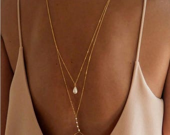 Collana con catena a più strati semplice e lunga in metallo con perle e catena a goccia, moda donna, accessori per gioielli da sposa e matrimonio