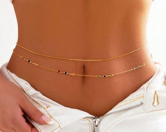 Salircon Fashion Crystal Glass Pendant Waist Chain Simple Metal Double-layer Belly Chain Summer Sexy Bikini Beach Body Jewelry