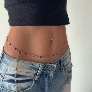 Modny kolorowy łańcuszek z cyrkonii dla kobiet w stylu boho w kolorze złotym, błyszczący, długi łańcuszek z frędzlami na brzuch, biżuteria do ciała