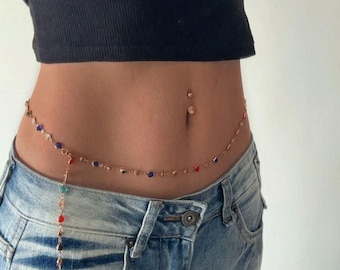 Mode Bunte Zirkon Taille Kette für Frauen Boho Gold Farbe Glänzende Strass Lange Quaste Bauch Kette Körper Schmuck
