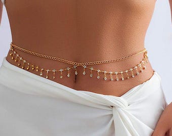 Aesthetic Shiny Rhinestone Sequins Multilayer Belly Waist Chain for Women Sexy Bikini Star Cross Belt Summer Beach Body Jewelry