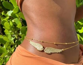 Gold Metall Flügel Körper Kette - Double Layer Perlen Taille Schmuck