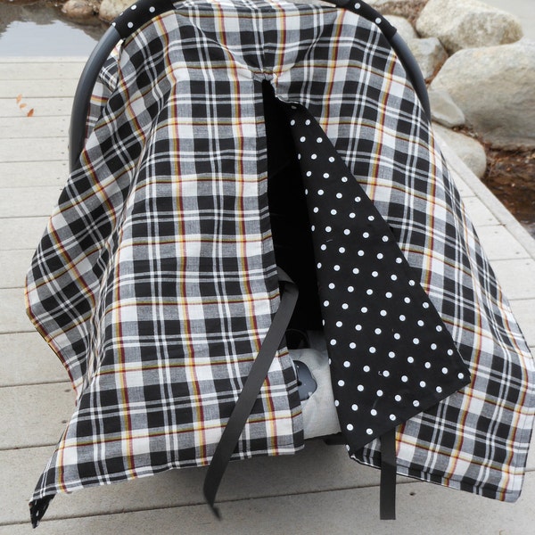 Infant Car Seat canopy cover Cuddler -- READY to SHIP --  Black and White PLAID with black dot