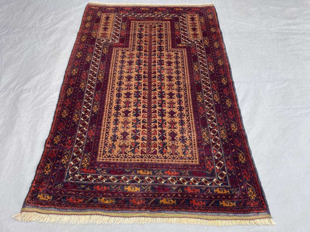 2x4 Vintage Baluchi Prayer Rug, Deep Plum Terracotta Wool, Hand-knotted ...