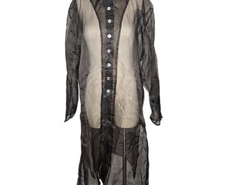 Chico's Black Bamboo Print Sheer Silk Kimono Duster Tunic L XL