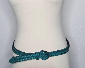 Ceinture en cuir tressé bleu sarcelle vintage tissé Argentine bleu vert femme taille M L