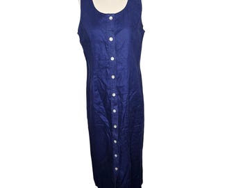 VTG Spenser Jeremy marineblauwe 100% linnen mouwloze maxi-jurk met knopen aan de voorkant, maat 12