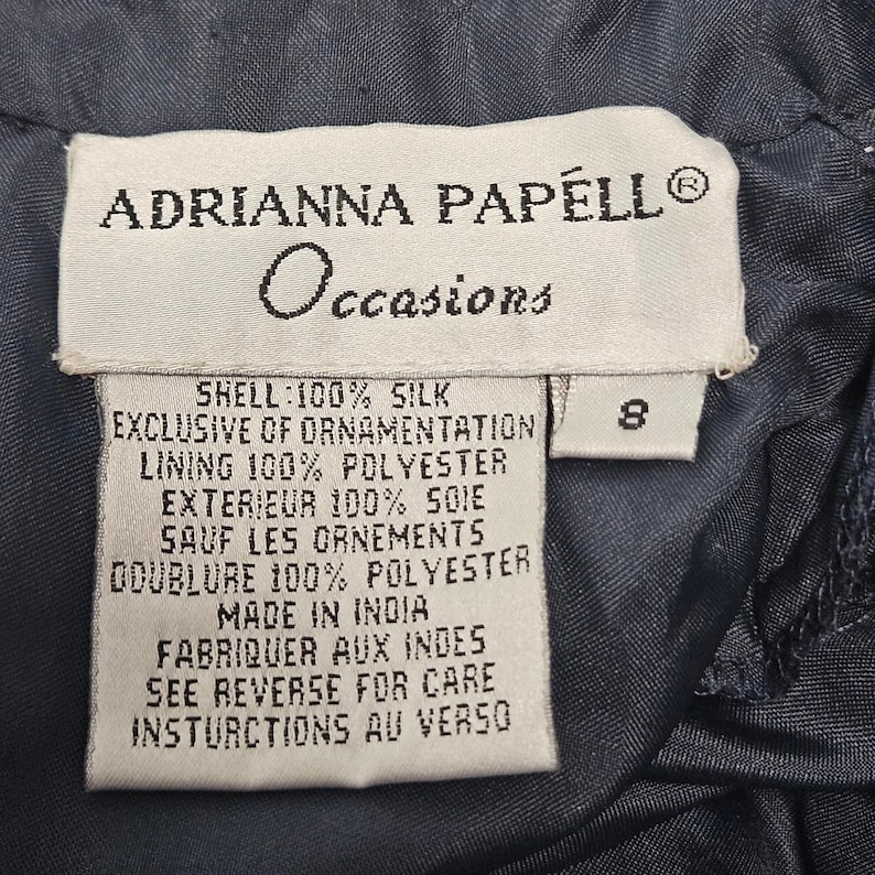 Top vintage Adrianna Navy Papell de seda con lentejuelas y cuentas, cuello alto, talla 8, nuevo con etiquetas. imagen 9