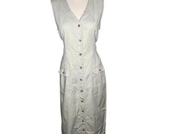 Robe midi boutonnée fonctionnelle en sergé de coton et lin délavé Glory vintage