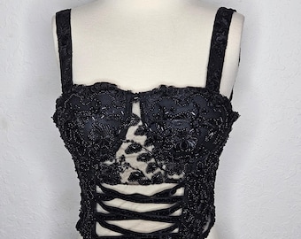 Haut corset perlé noir fantaisie fantaisie mode bustier brodé floral