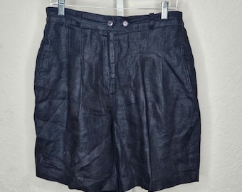 Pantalones cortos plisados de talle alto, 100% lino, azul marino, vintage Mizanne, hechos en EE. UU., talla 12
