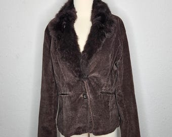 Vintage Wilsons Leather Brown Corduroy Blazer Jacket Rabbit Fur Collar Large