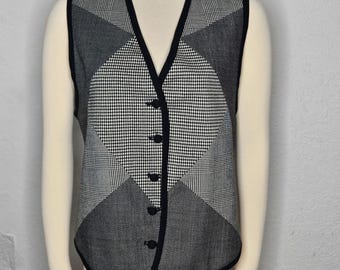Liz Claiborne Collection vintage des années 90 gilet en patchwork de laine noir blanc grand