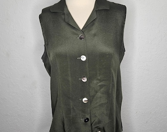 Chemisier boutonné sans manches vintage Harold's 100 % soie vert olive taille 10