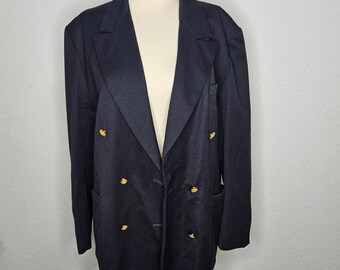 Vintage marineblauwe double-breasted blazer met gouden embleemknopen, dames 20/50 l xl