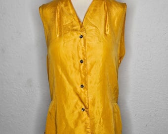 Forenza Vintage mouwloze blouse van 100% zijde met knoopsluiting goudsbloemgeel M