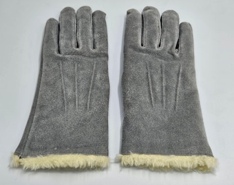 Vintage Grey Suede Leather Gloves Women Small Medium Faux Fur Lined Winter