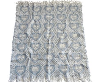Vintage Style Woven Throw Blanket Blue Cream Cottagecore Fringe Farmhouse Heart