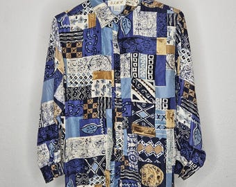 S.I.N.Y. VTG-damesshirt jaren 90 100% zijden patchwork abstract button-down blauw M