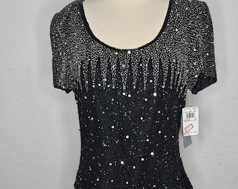 Vintage Papell Boutique avondtop met kralen en pailletten L XL zwart zilver NWT