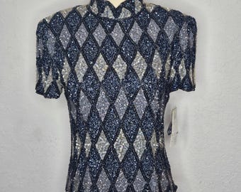 vintage Adrianna - Top arlequin col cheminée en soie et perles bleu marine Papell 8 NWT