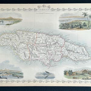 May include: Vintage map of Jamaica, showing detailed geographical features and landscape illustrations. The map is framed with a decorative border and the word "Jamaica" is at the top. Printed on aged paper, it has a classic aesthetic.