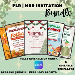 Könnte beinhalten: Ein digitales Paket mit fünf bearbeitbaren Einladungsvorlagen für Thanksgiving und Weihnachten. Die Designs enthalten Texte für Potlucks, Partys und Spielzeugspenden sowie festliche Grafiken wie Ornamente, einen Weihnachtsbaum und einen Teddybären, die alle vollständig auf Canva bearbeitbar sind.