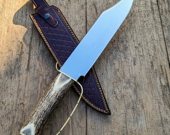 Handmade D2 Steel Bowie Knife with Stage Handel and Leather Sheath