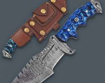 Handmade Damascus Tracker Knife, Blue Wood Handle, Leather Sheath