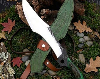 Machete/Cuchillo de supervivencia de acero J2 forjado a mano con mango de resina y funda de cuero.