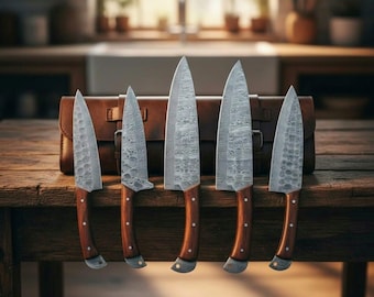 Damascus Steel Chef Set, Hand Forged Damascus Chef Set, Damascus Chef Knife, Kitchen Knife, Handmade Gift for men