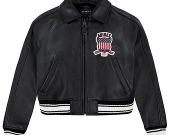 Chaqueta bomber corta de cuero negro Avirex hecha a mano: ropa de motociclista para mujer