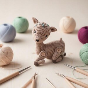 May include: A crocheted deer figurine in shades of brown, with button accents and small ears, rests on a light wood surface. Colorful yarn balls in blue, green, cream, and purple surround the deer, along with several crochet hooks.