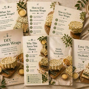 May include: An assortment of printed cards and beeswax wraps are arranged on a neutral surface. The cards provide information on beeswax wraps, including how to use, clean, and make them. The wraps are a sustainable alternative to plastic wrap.