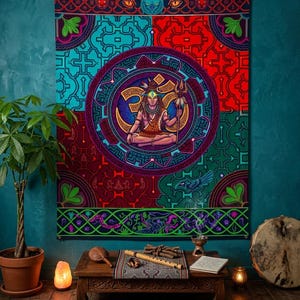 Shiva Shipibo Tapestry, Psychedelic Wall Hanging, Meditation Room Decor, Sacred Geometry Wall Art, Yoga Room Decor, Boho Textile