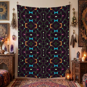 May include: A rectangular wall tapestry featuring a dark purple background with a repeating geometric pattern in neon green, bright blue, and orange. The design consists of interconnected lines, squares, and cross shapes that create a maze-like effect.